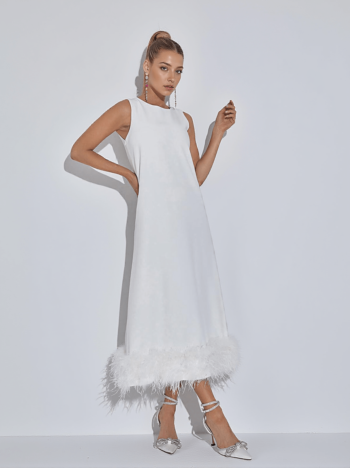 NISHA FEATHER MIDI DRESS IN WHITE