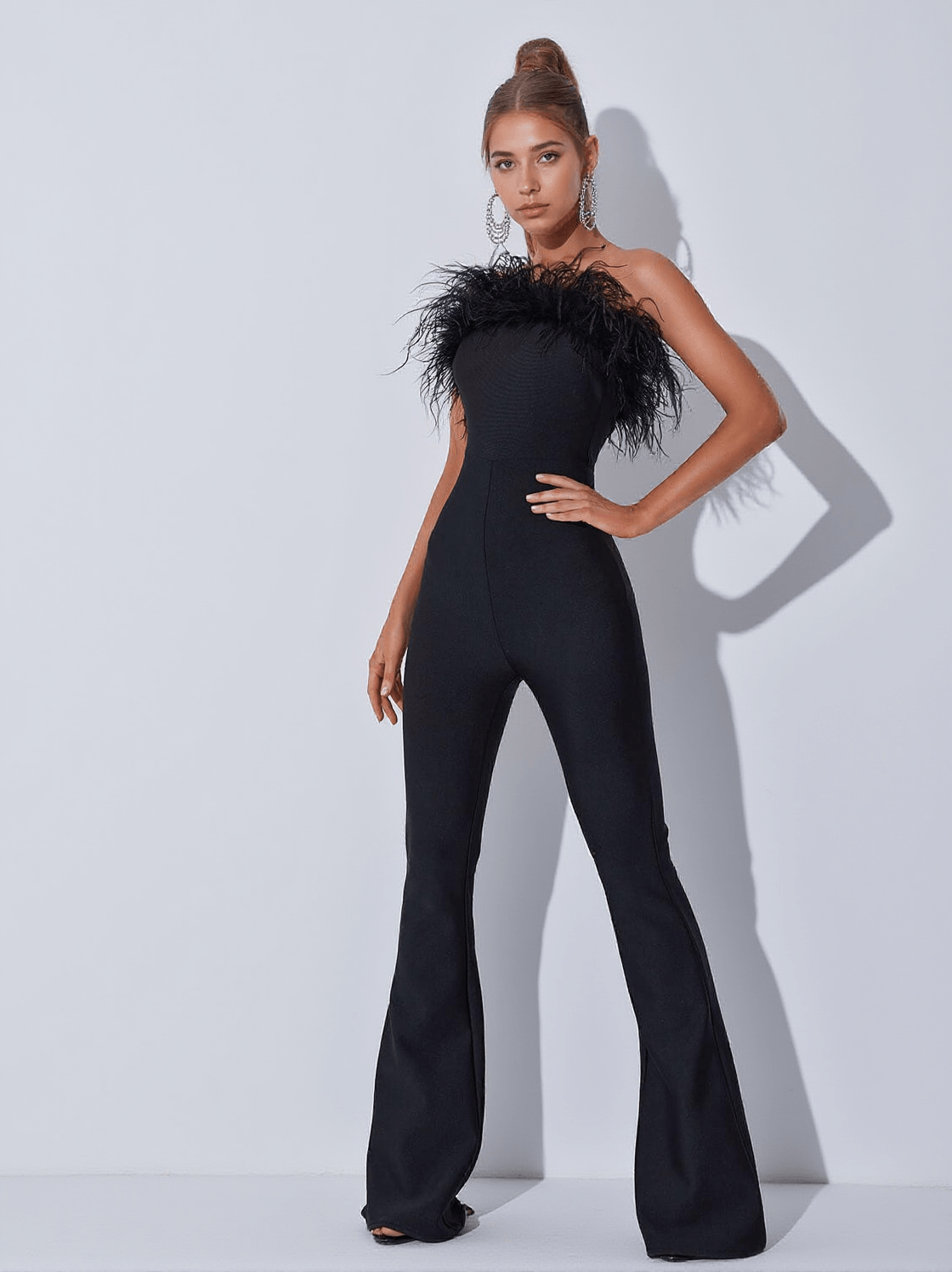 PADMA BANDEAU FEATHER BANDAGE JUMPSUIT IN BLACK