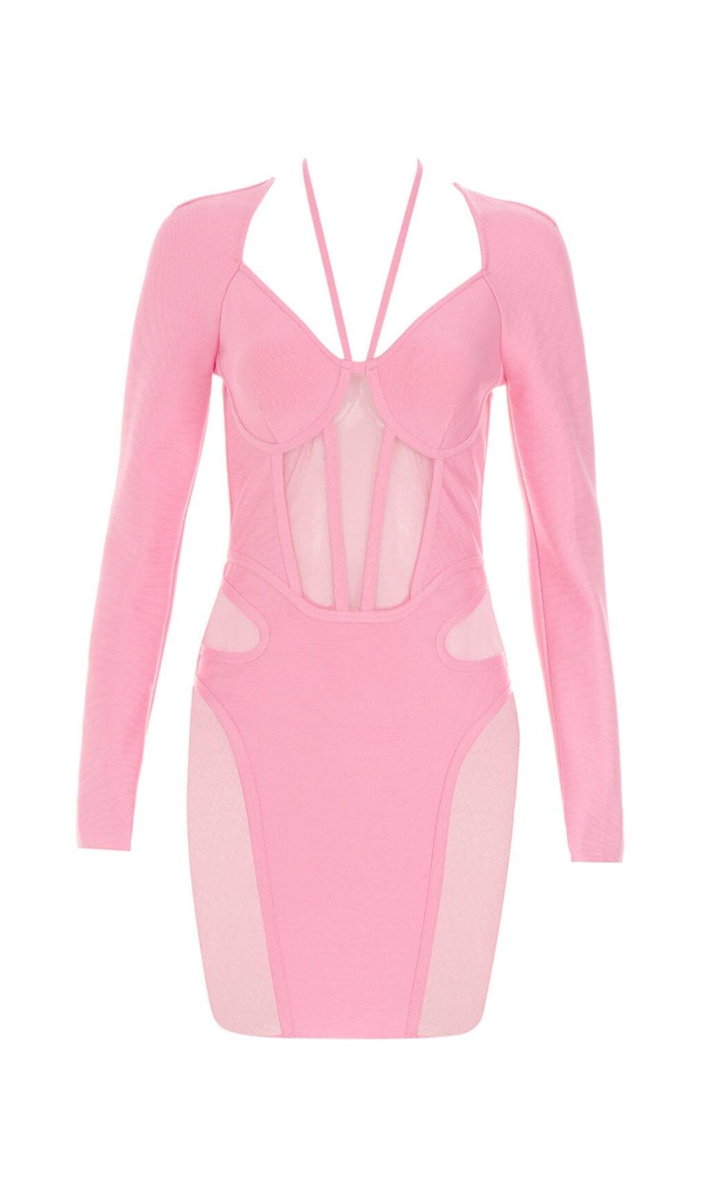 BARBIE PINK NETZSTOFF GENÄHT ECKIGER AUSSCHNITT NECKHOLDER-KLEID