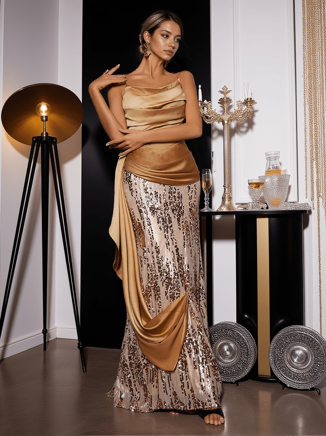 Abito lungo con patchwork di paillettes Delores