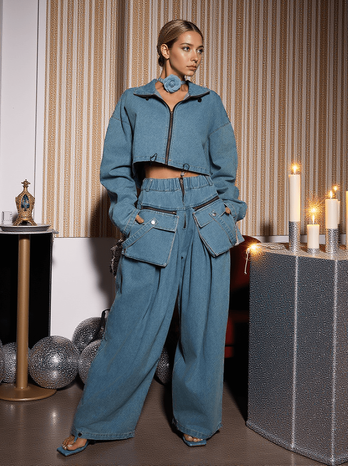 MAUDIE POCKET WIDE DENIM PANTS SET