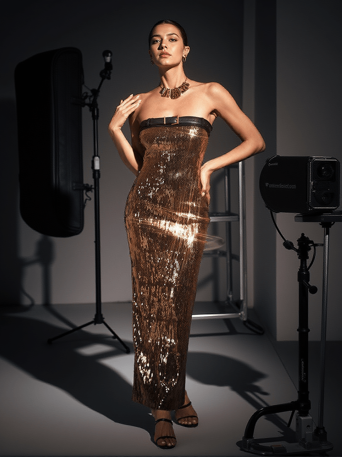 Abito Triana senza spalline con cintura e paillettes glitterate
