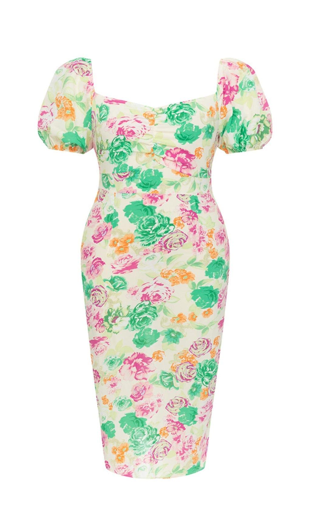 Bedrucktes, schmales Midikleid mit quadratischem Ausschnitt, PUFFÄRMELN und Hüftbedeckung