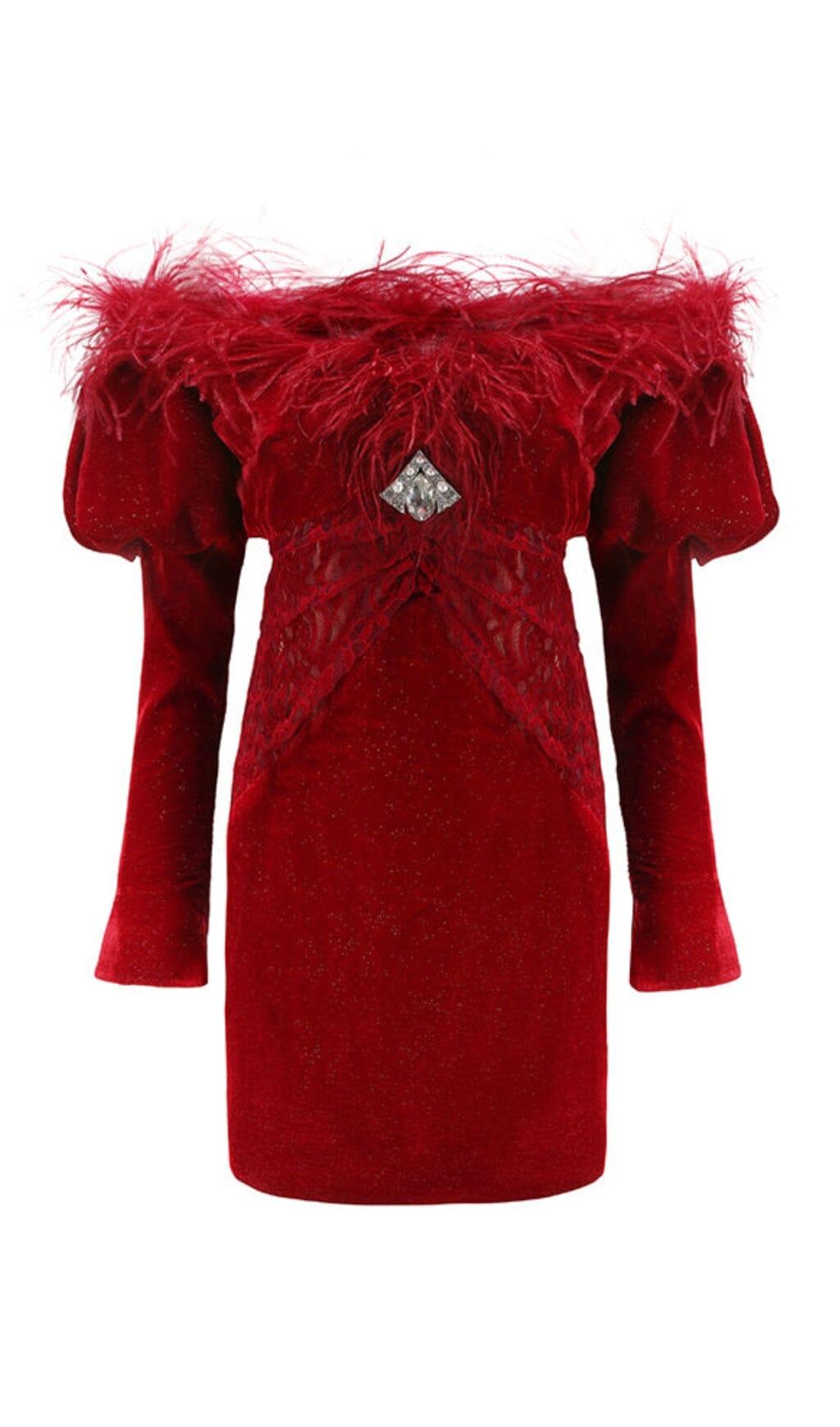 ROTES SAMT-OFF-SHOULDER-MINIKLEID