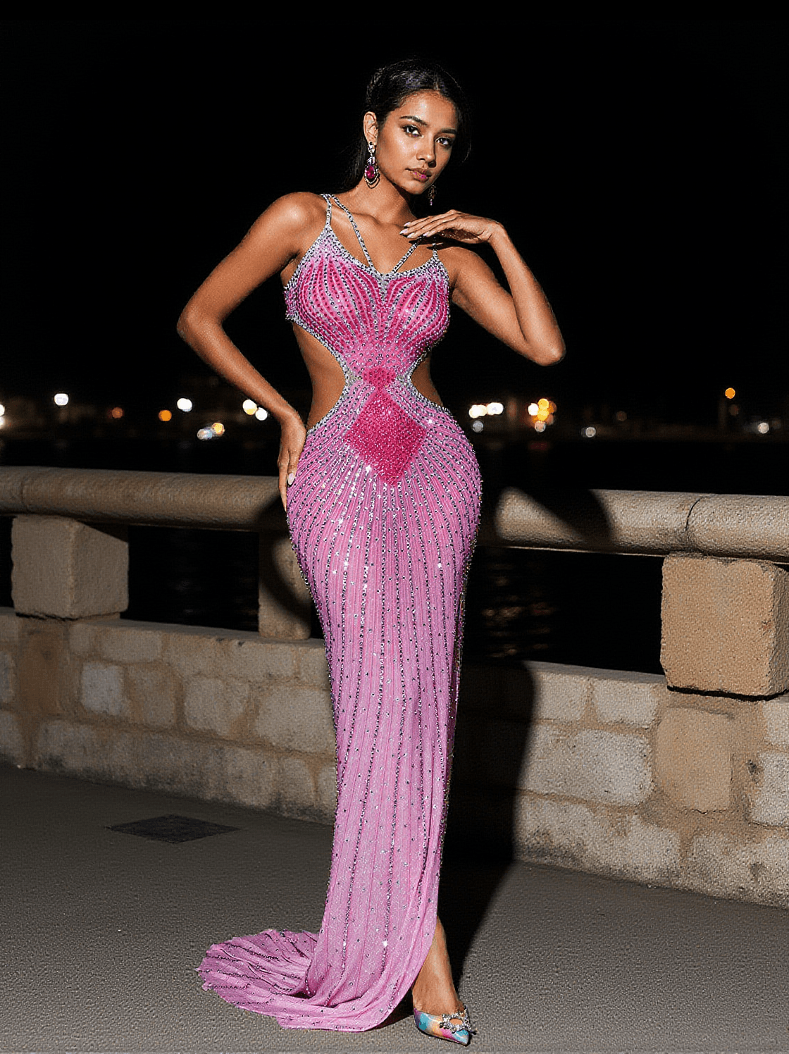 Graues Maxikleid mit Kristallausschnitt in Pink