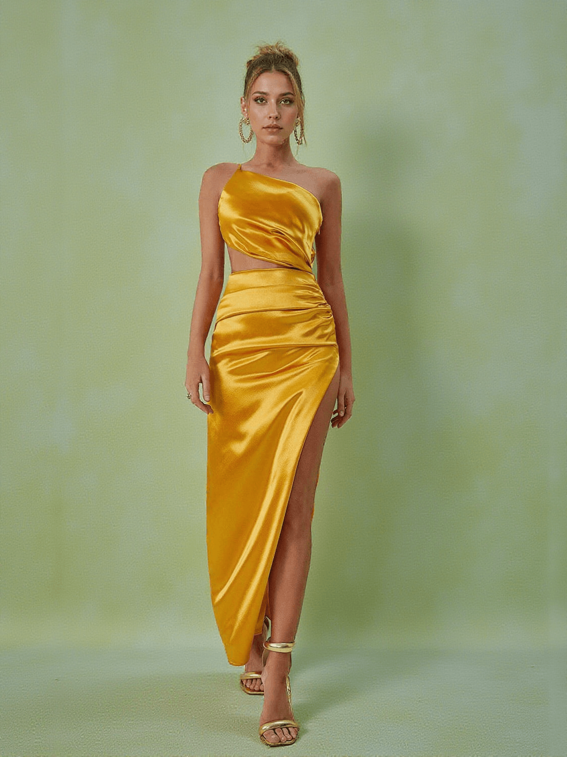 Abito lungo Chara monospalla con spalline sottili color oro