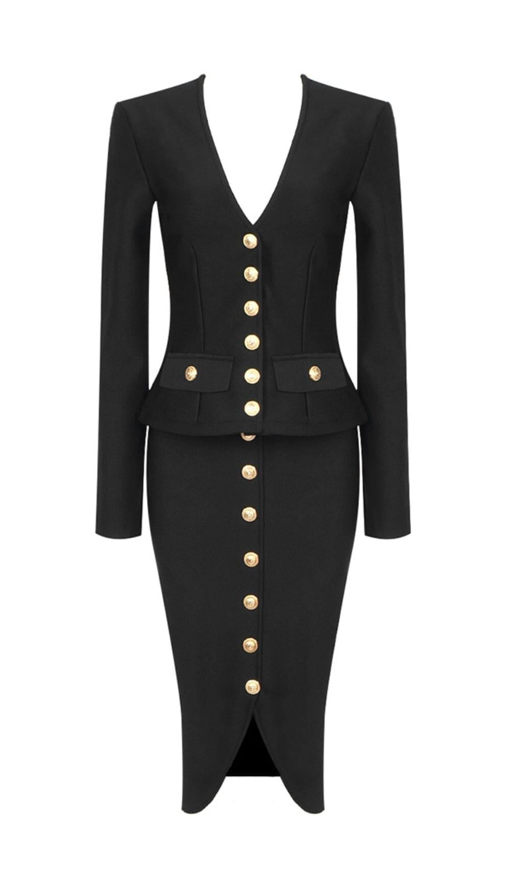 SCHMAL FIT ROCK MIT V-AUSSCHNITT, DEKORATIV METALLKNÖPFEN IN SCHWARZ