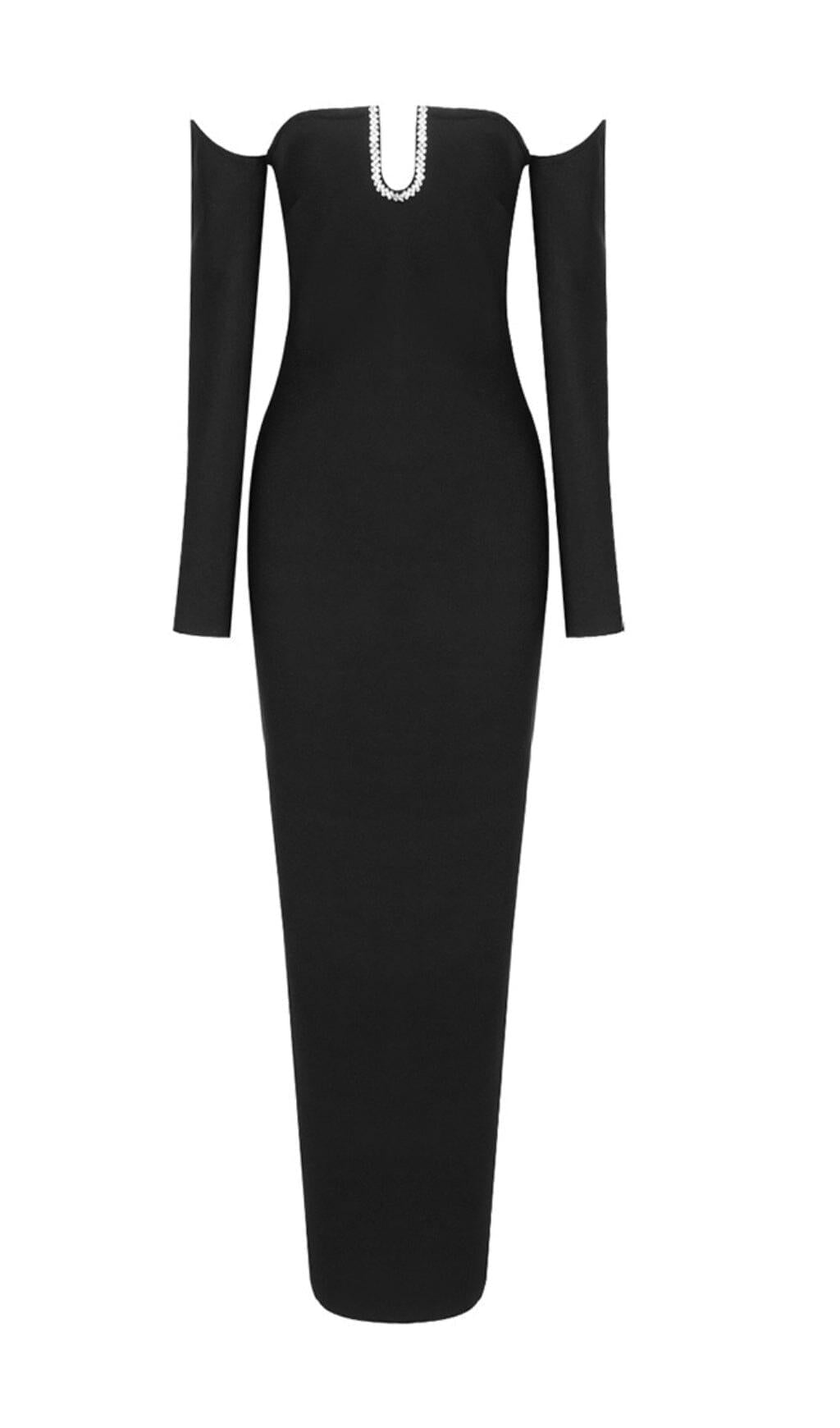 SCHLANK GESCHNITTENES, SCHULTERFREIES MAXIKLEID MIT BRUSTAUSSCHNITT IN SCHWARZ