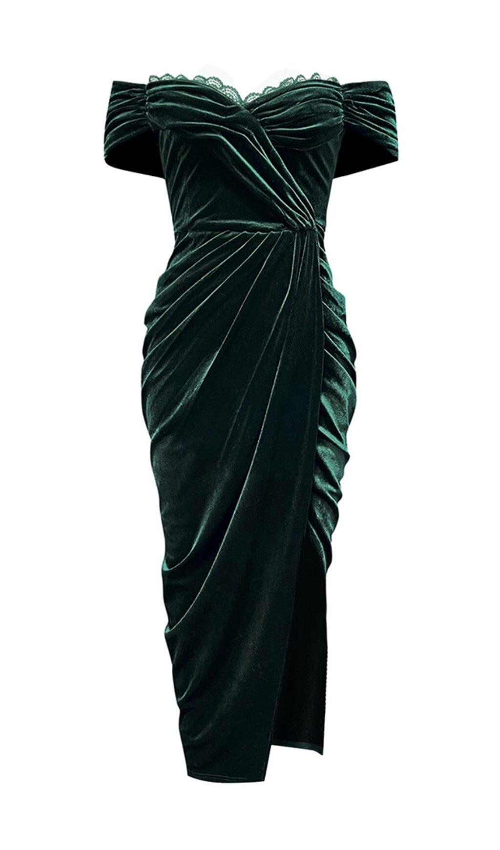 VELVET ONE-LINE SHOULDER HIGH SLIT DRESS IN DARK GREEN – AIIZIE