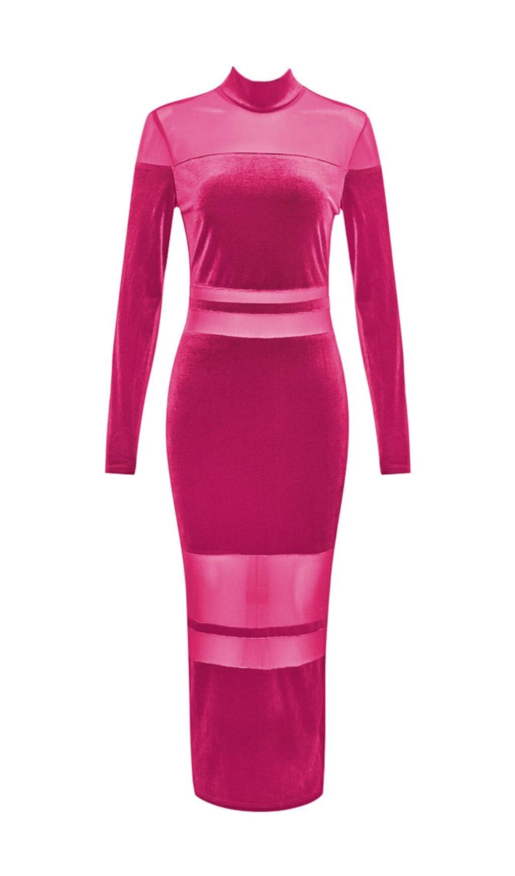 ABITO CON CUCITURE IN TULLE E VELLUTO IN PROSPETTIVA, COLOR ROSSO ROSA