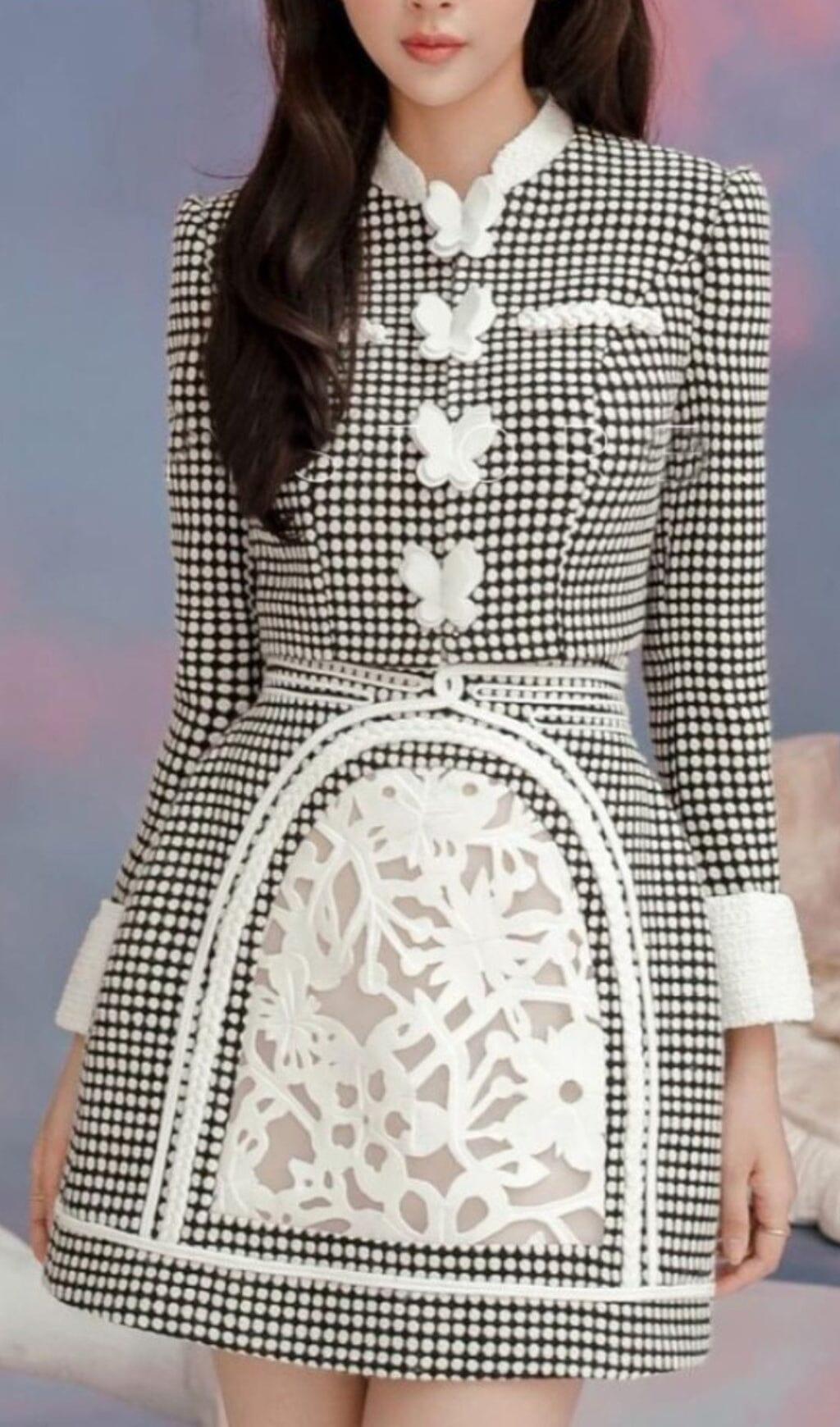 Kariertes Rundhals-Langarm-Top mit Schleife, hohe Taille, A-Linien-Röcke