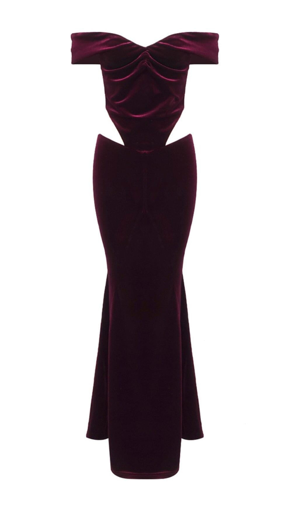 burgundy velvet dress off shoulder OFF SHOULDER WAIST HOLLOW VELVET MAXI DRESS IN BURGUNDY – AIIZIE
