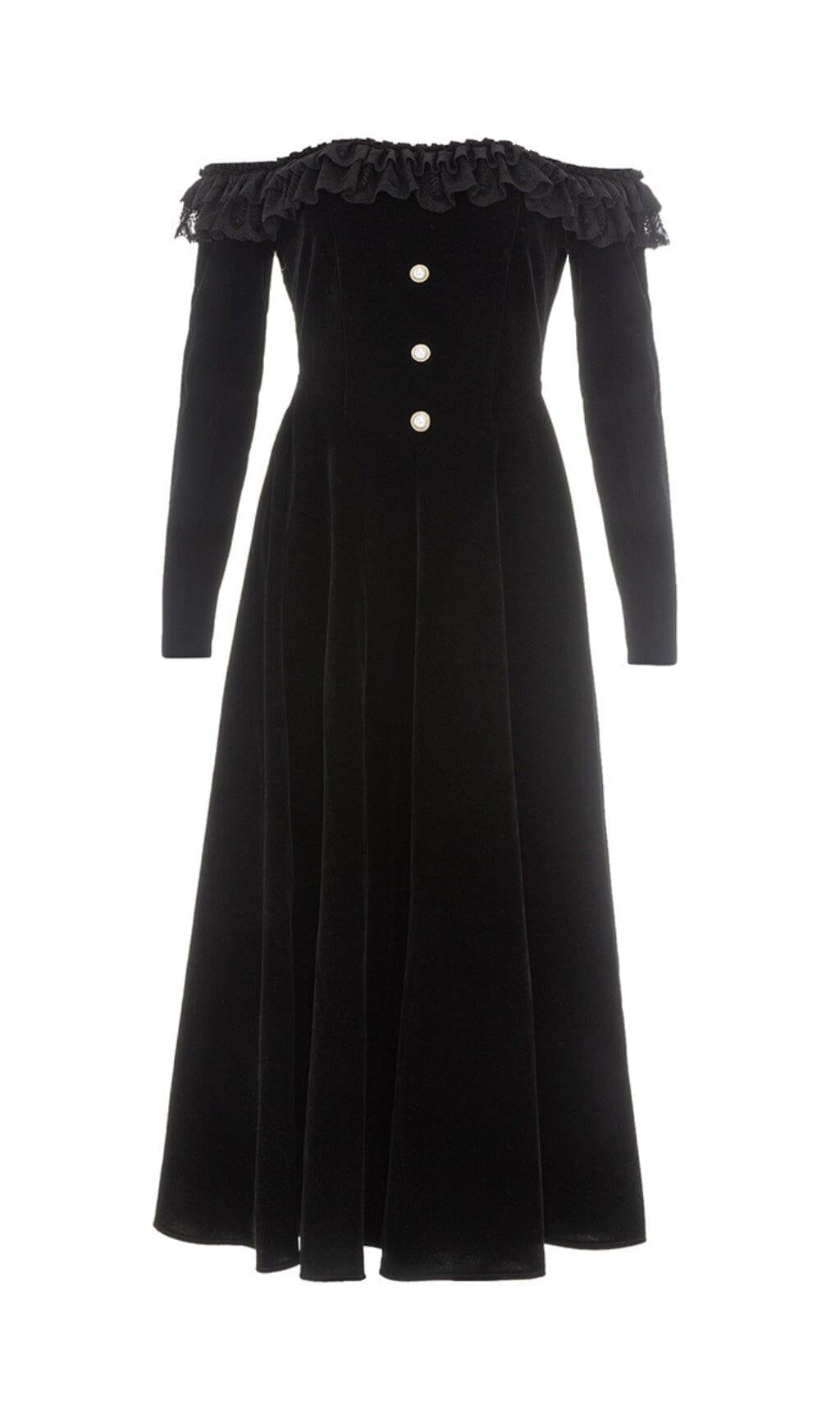 ABITO MIDI VINTAGE CON SCOLLO INTERO IN PIZZO DI VELLUTO, NERO