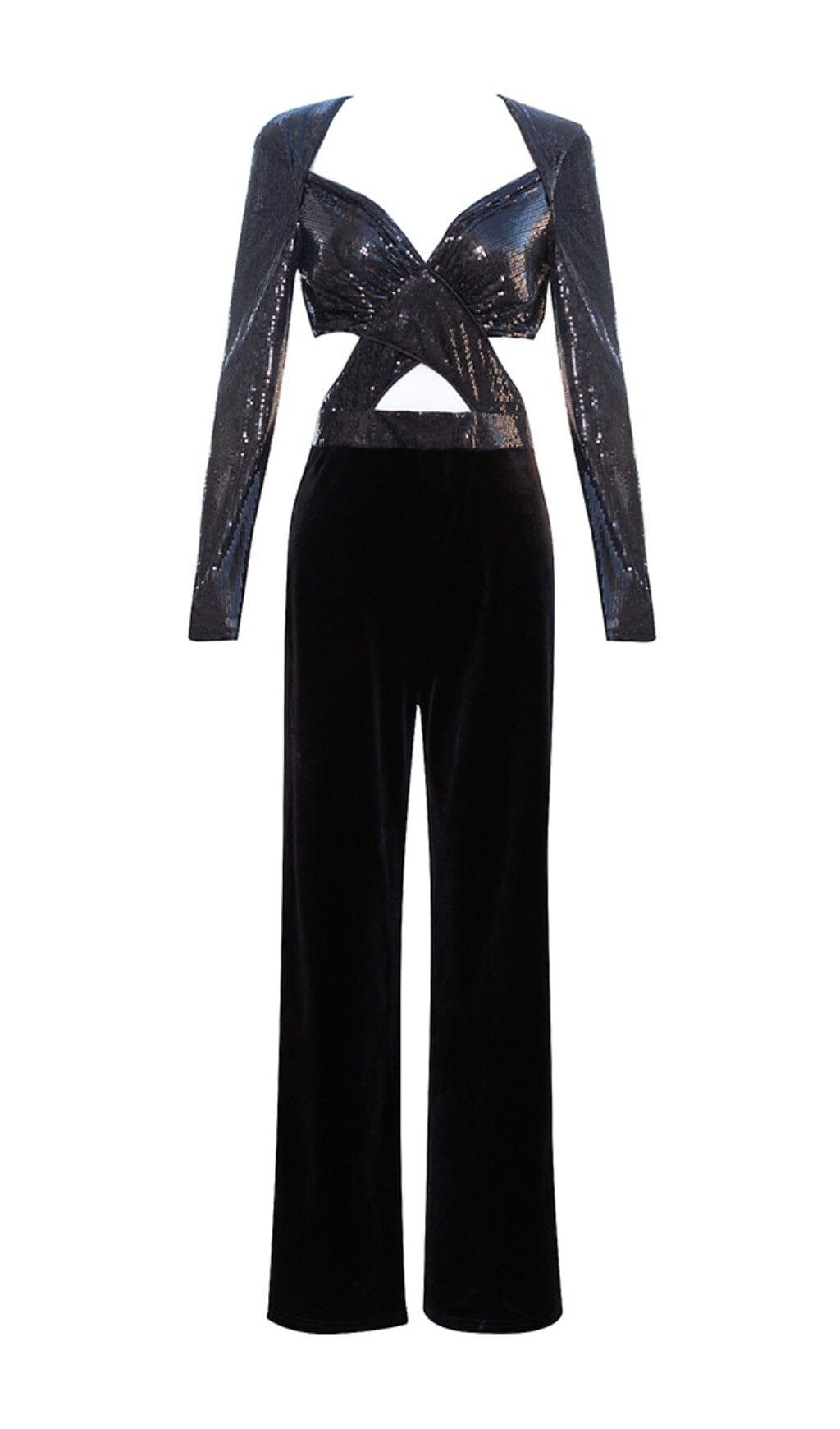 BODENLANGER SAMT-JUMPSUIT MIT PAILLETTEN UND CUT-OUTS IN SCHWARZ
