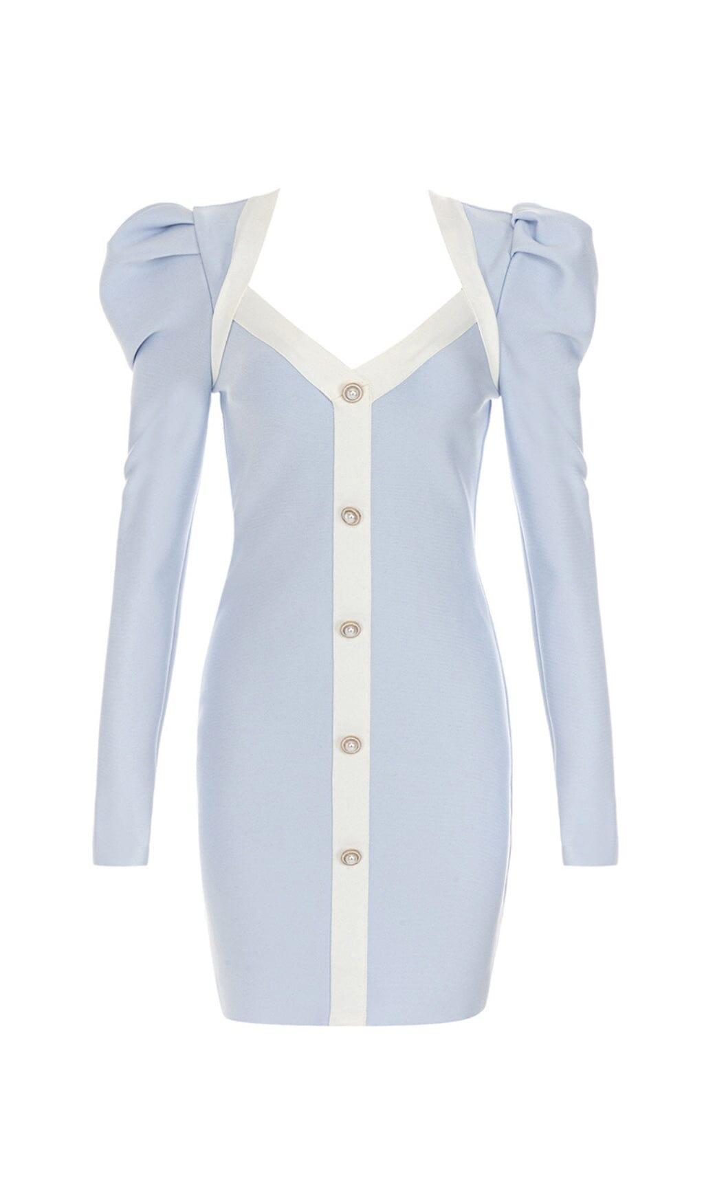 AIIZIE BANDAGE PUFF SLEEVE PEARL BUTTON ELEGANT MINI DRESS IN LIGHT BLUE - product image