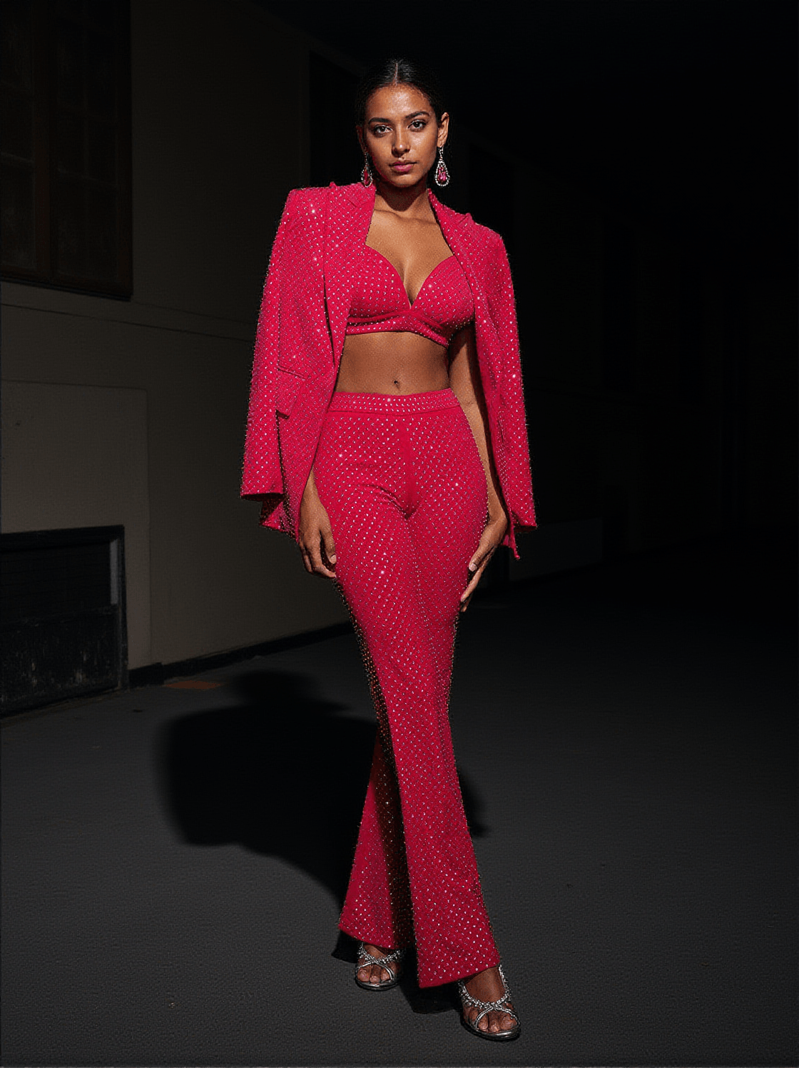 WHITLEY EMBELLISHED BLAZER THREE PIECE SET IN HOT PINK