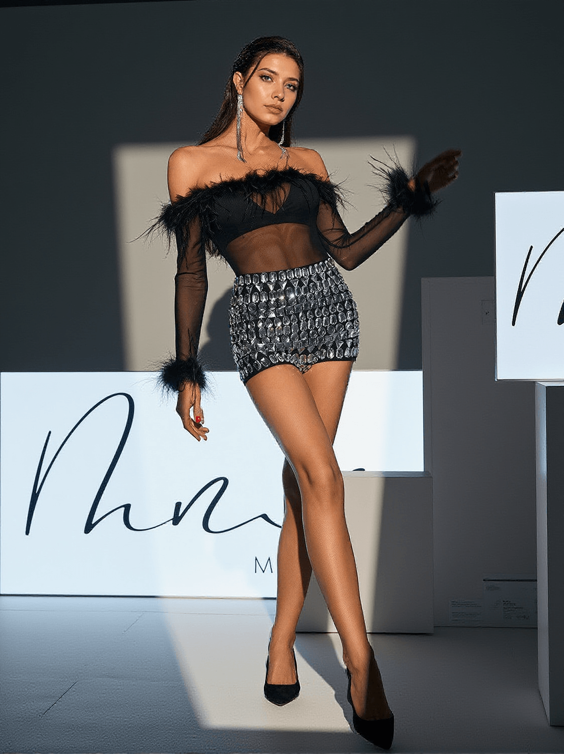 EAMON OFF SHOULDER FEATHER MESH BODYSUIT