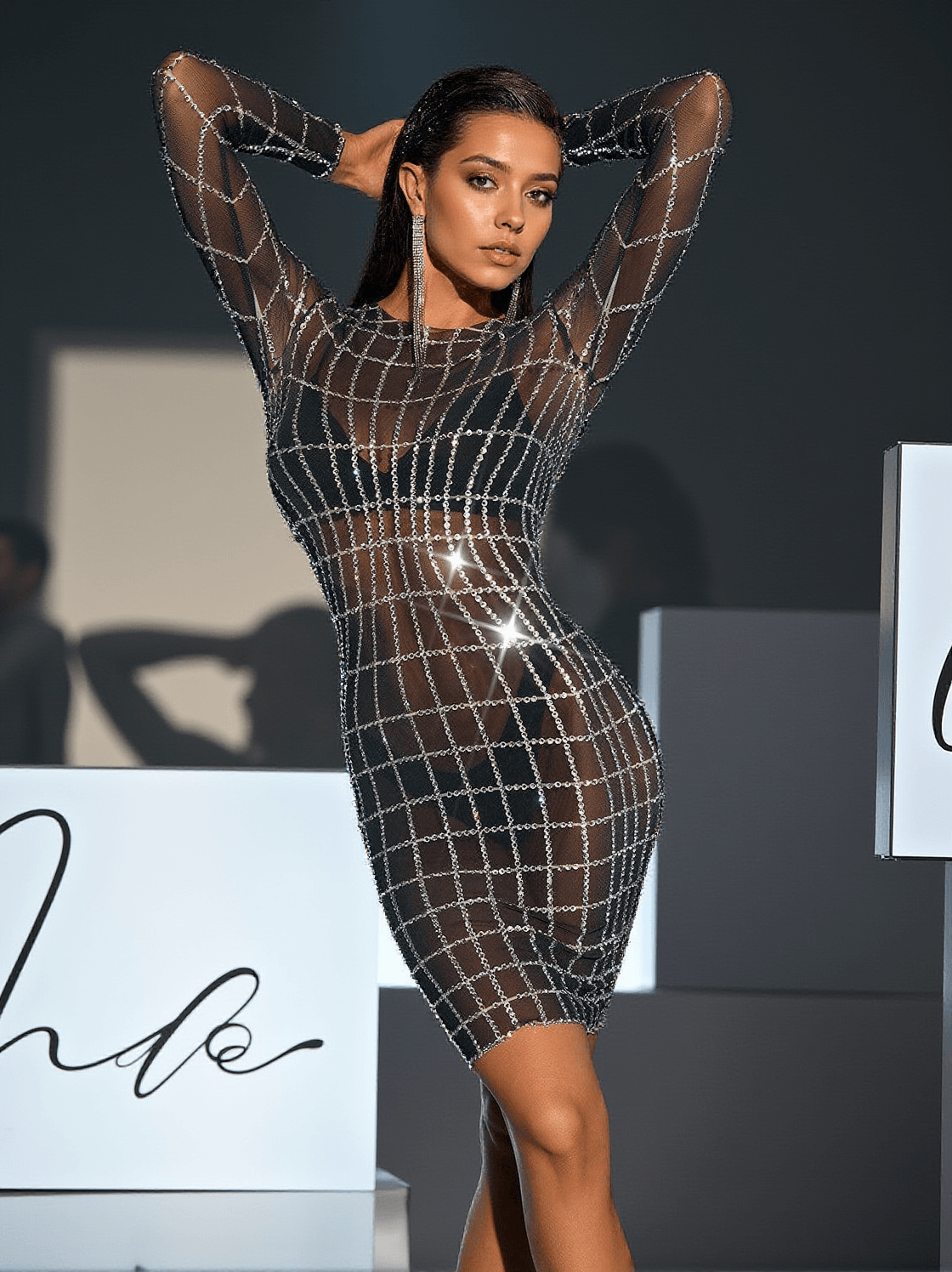 LUAN LONG SLEEVE NET RHINESTONE MESH DRESS