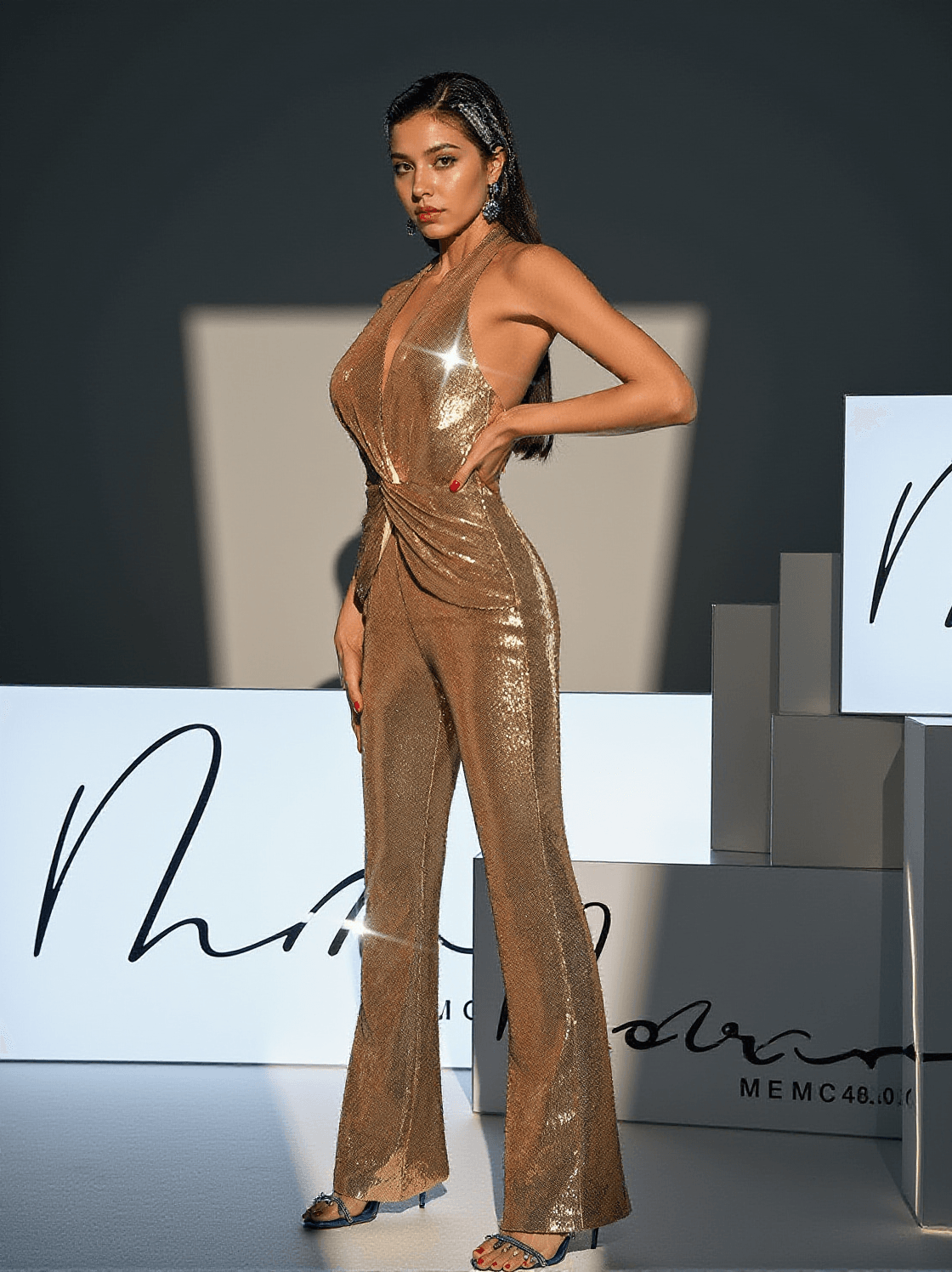 ENOCH BACKLESS TWISTED SEQUIN JUMPSUIT