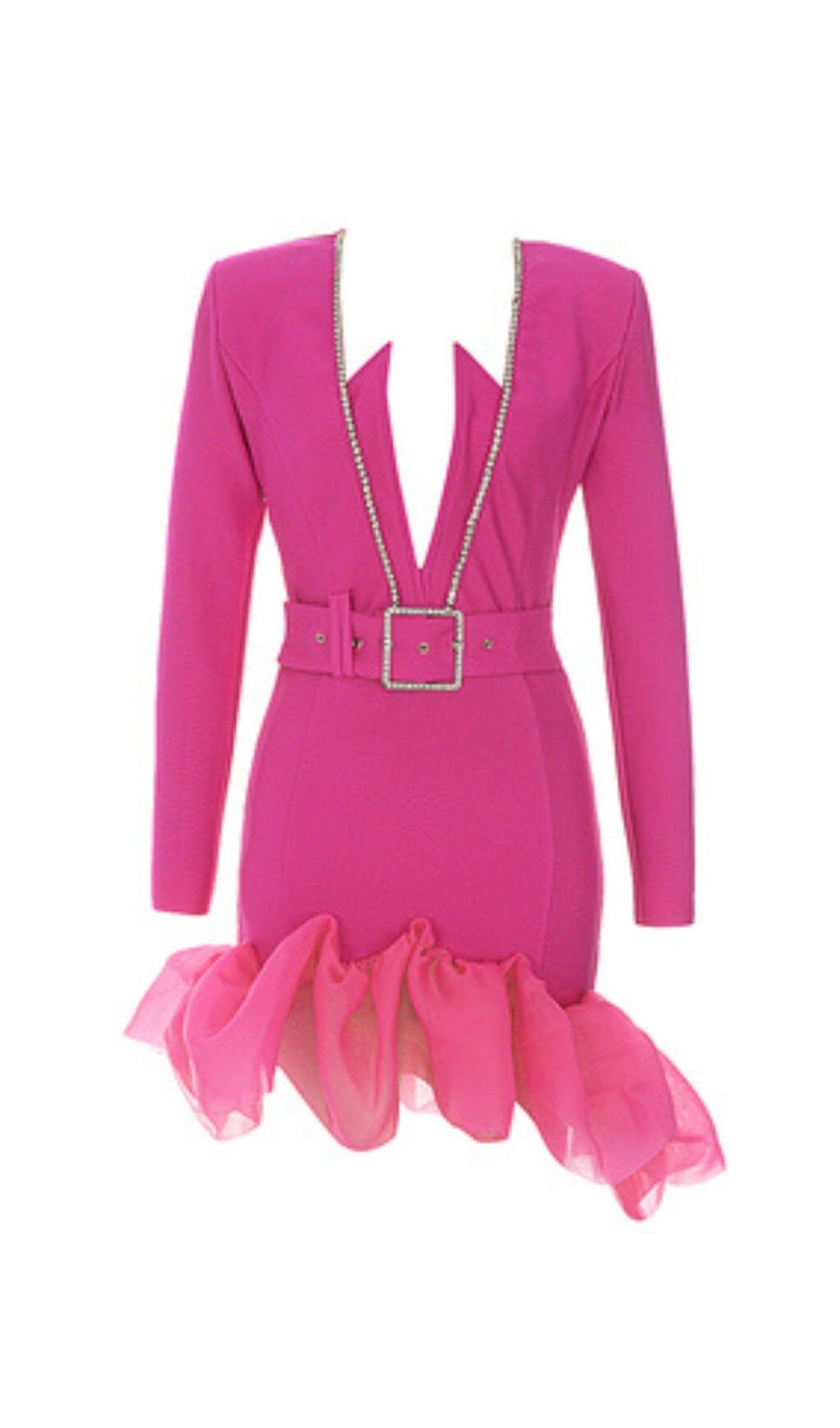 BANDAGE-MINIKLEID MIT V-AUSSCHNITT UND GÜRTEL IN PINK