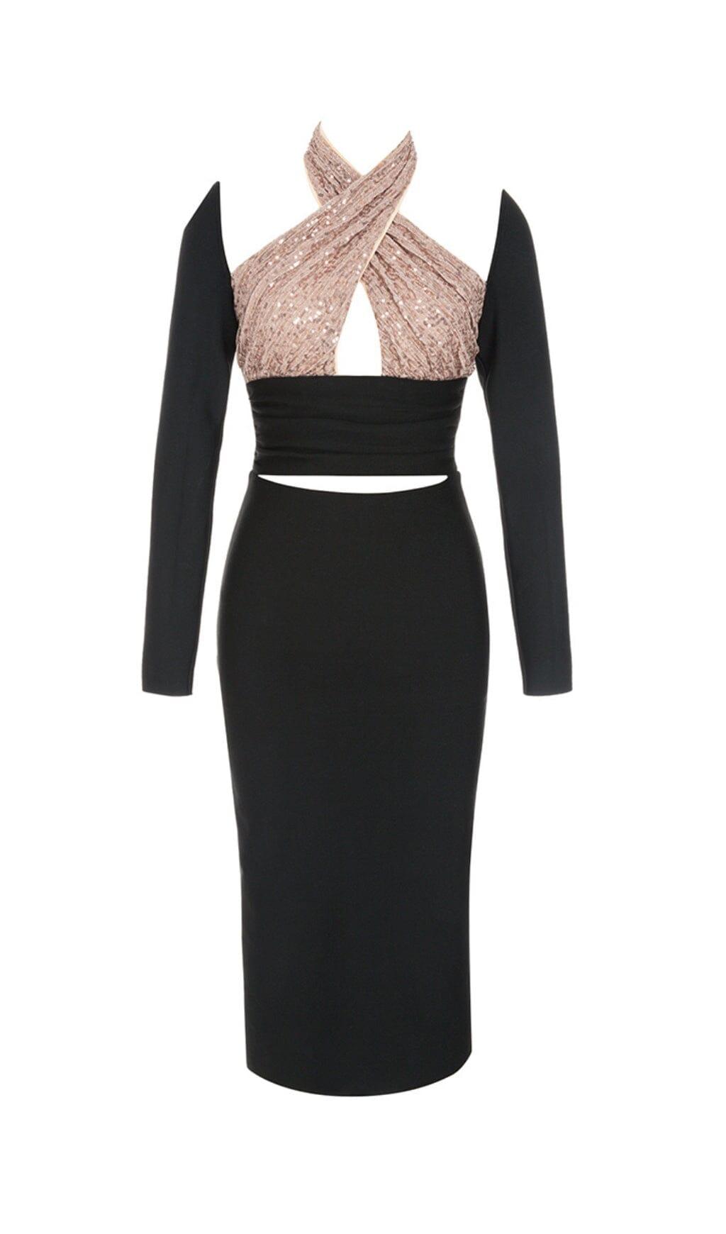 ABITO MIDI CON SCOLLO ALL'AMERICANA E CUCITO NERO