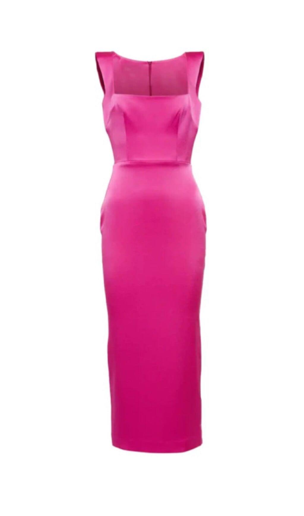 MIDIKLEID AUS SATIN MIT ECKIGEM AUSSCHNITT IN ROSENROT