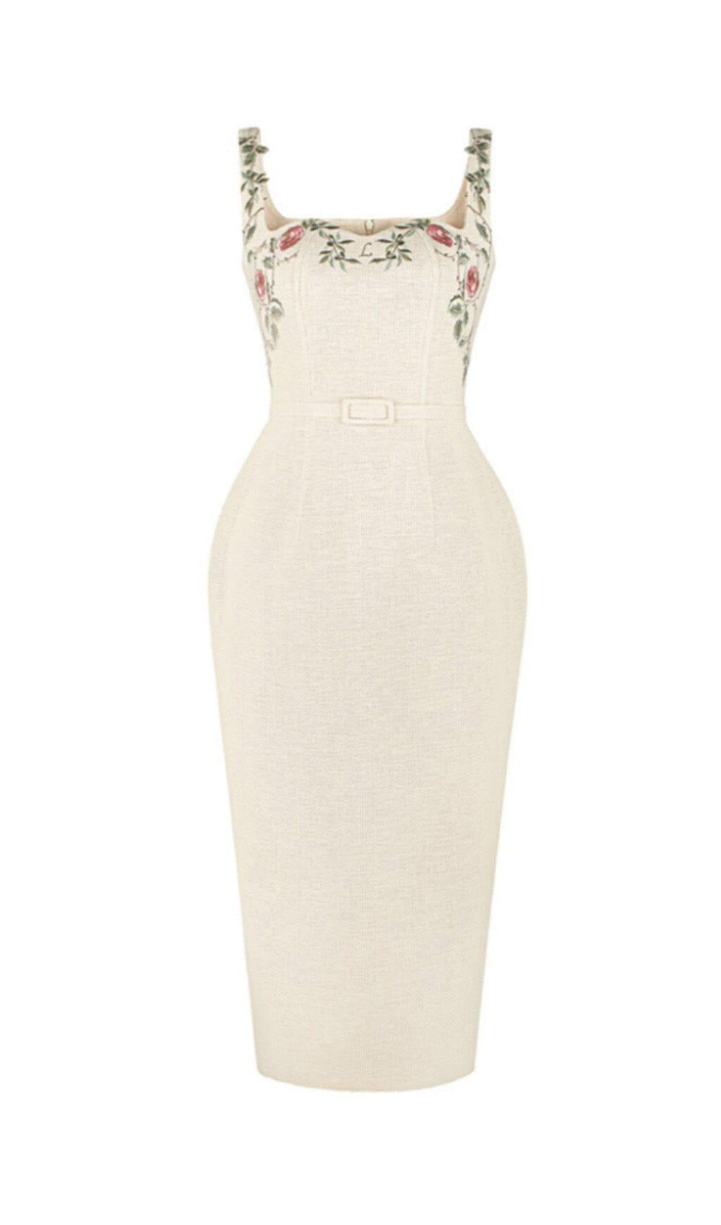 ABITO IN LINO CON BRETELLE E RICAMI A FIORI IN ALBICOCCA