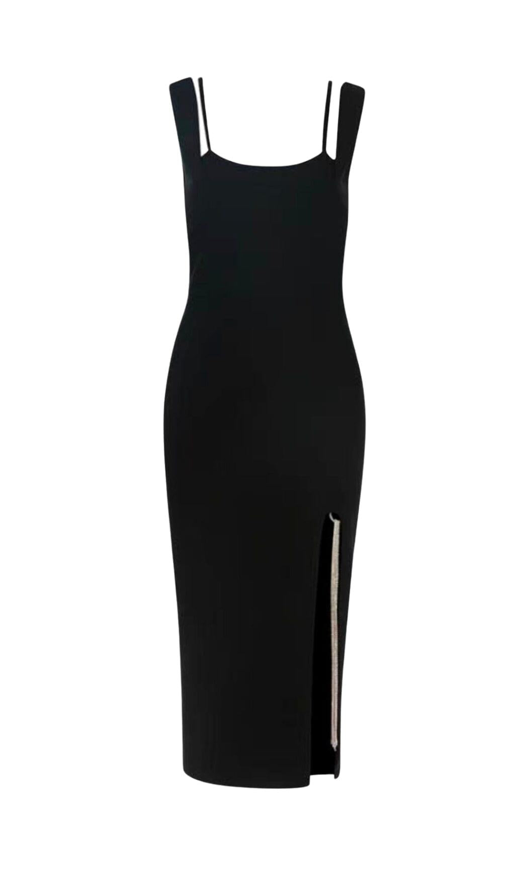 SCHWARZES ÄRMELLOSES, ZWEITEILIGES MIDIKLEID MIT STRETCH-BAG-POPS