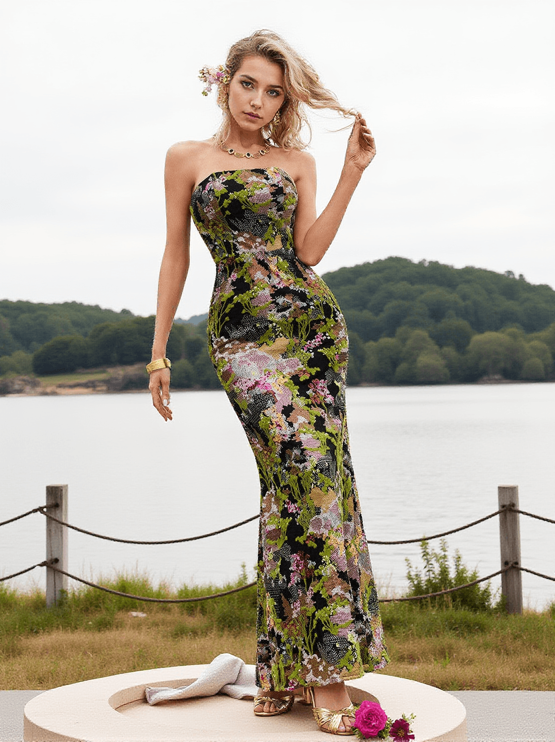 Abito lungo con paillettes floreali senza spalline Asa