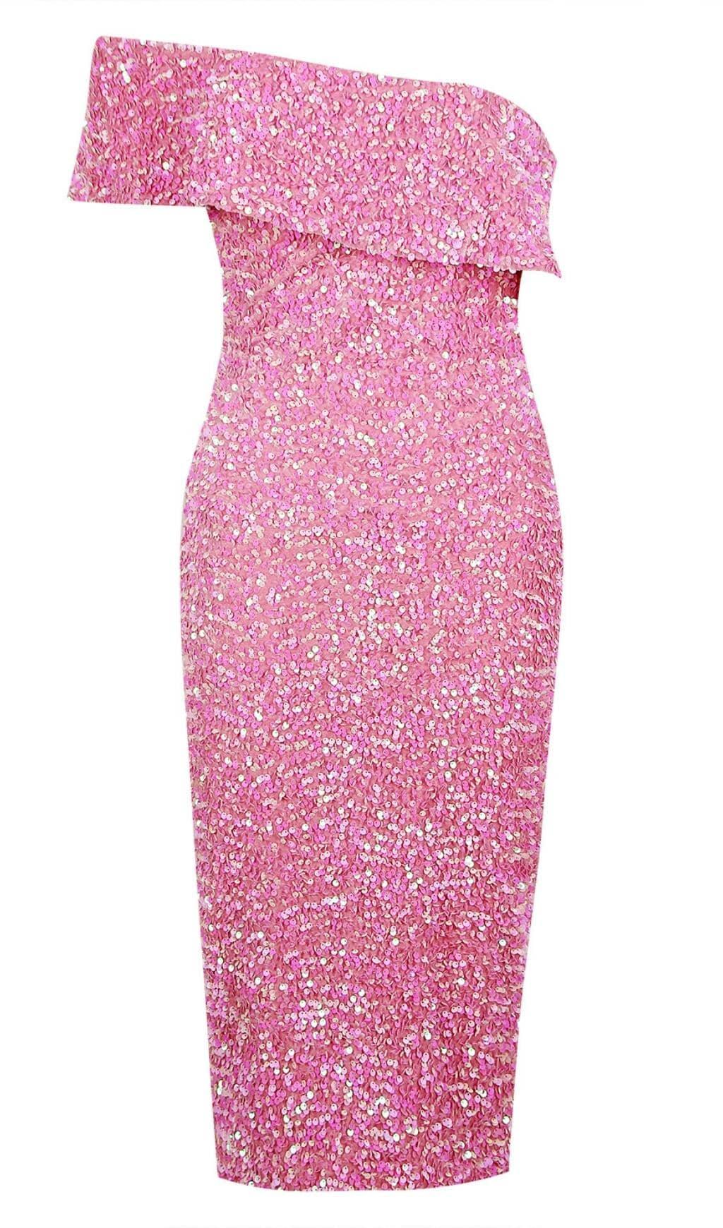 ABITO MIDI SENZA SPALLINE CON PAILLETTES ROSA