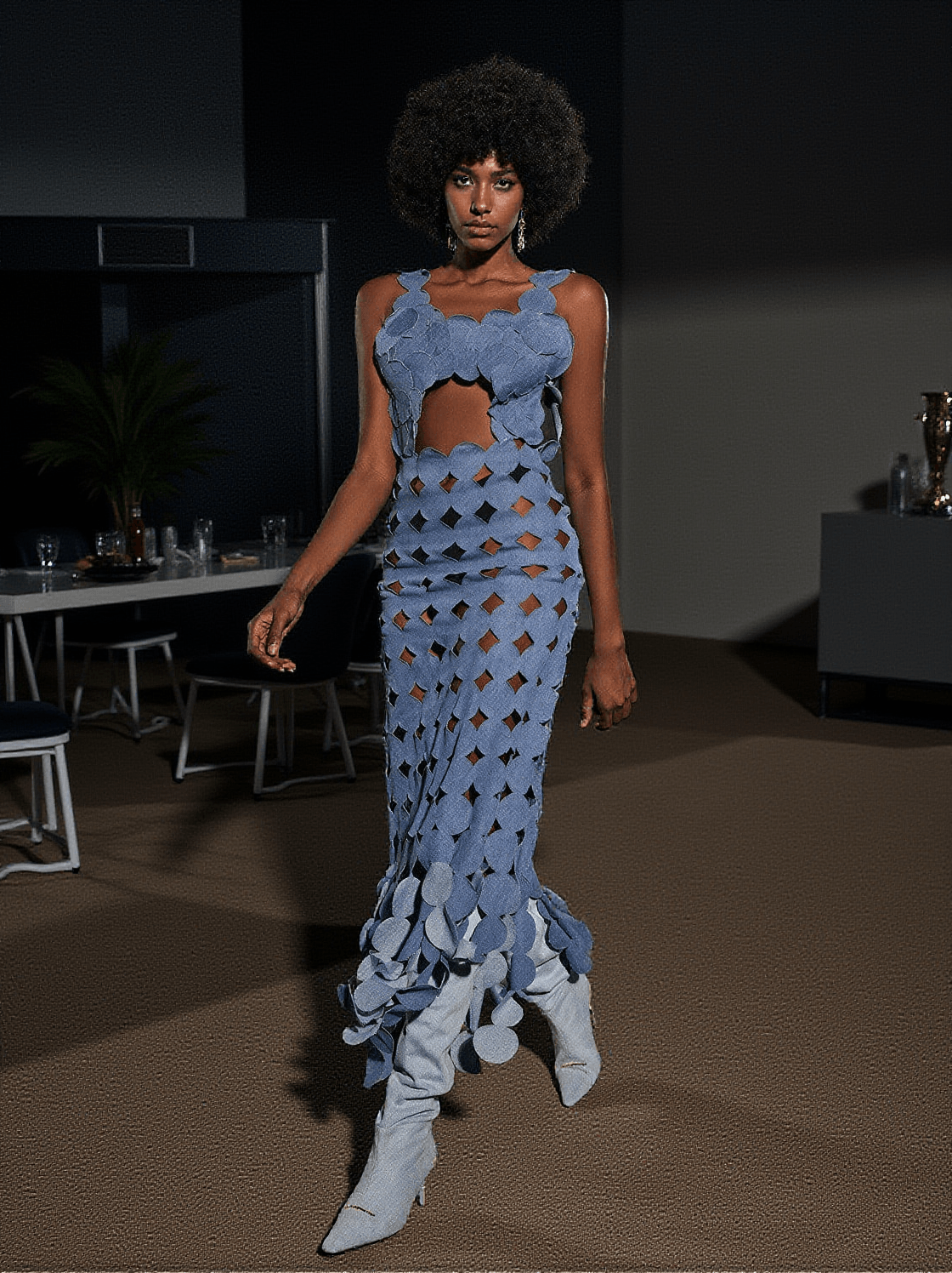 NYX CIRCLE CUTOUT FRINGE DENIM MAXI DRESS