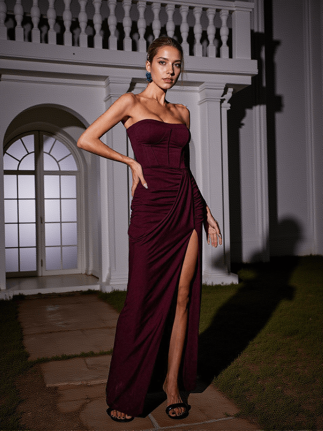 CAREW STRAPLESS RUCHED DRESS IN BROWN