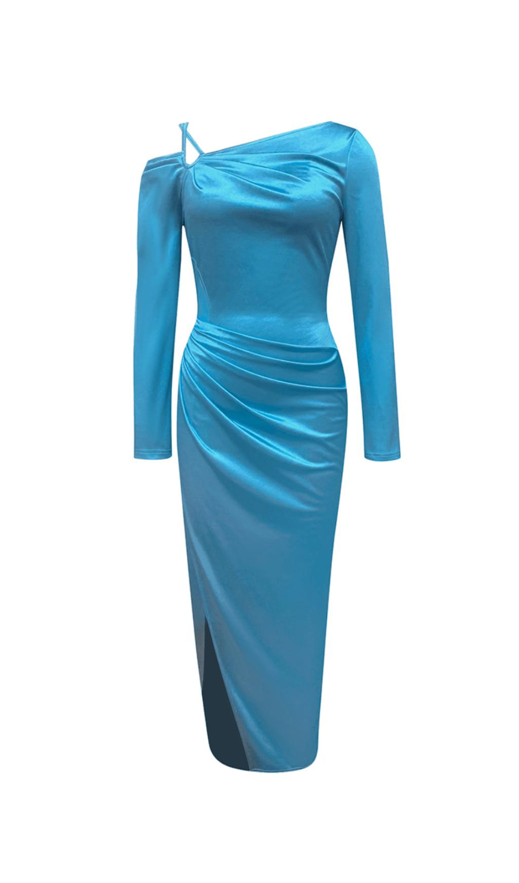 SATIN-KLEID MIT HOHEM GESPLITTETEM NECKHOLDER-OHRER IN MARINEBLAU