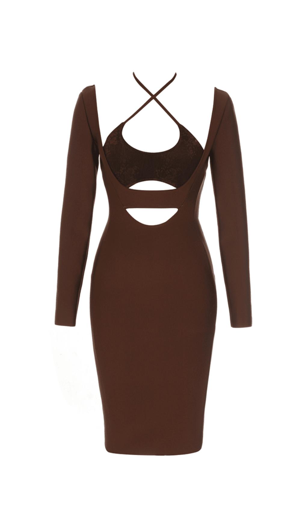 Bandage Cut-Out Lace Patchwork Embellished Dress Coffee
