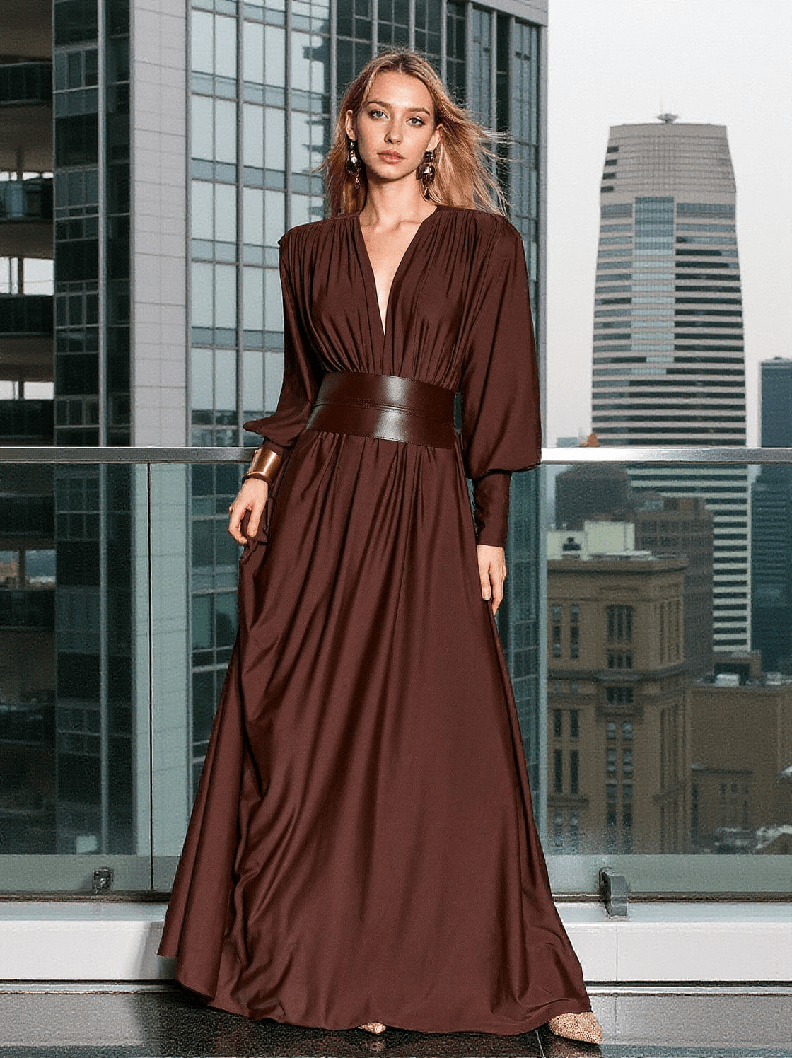 COSMO V NECK BELTED MAXI DRESS