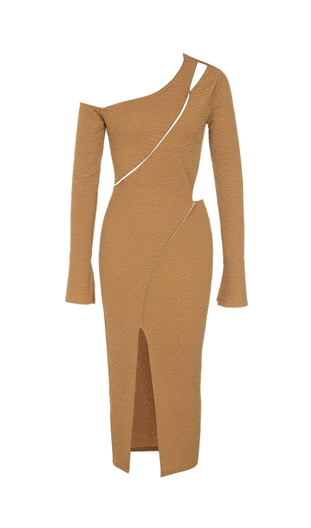 MIDIKLEID AUS STRETCH-JACQUARD MIT EINER SCHULTER UND LANGEN ÄRMELN IN KUMQUAT