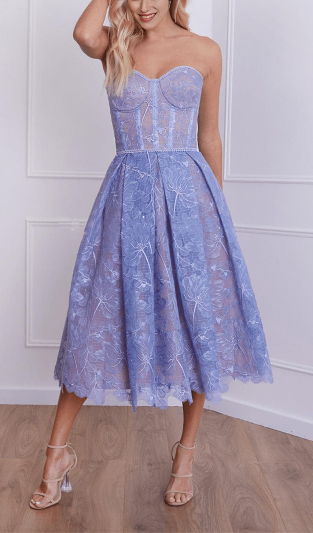 ABITO MIDI A FASCIA IN PIZZO BLU