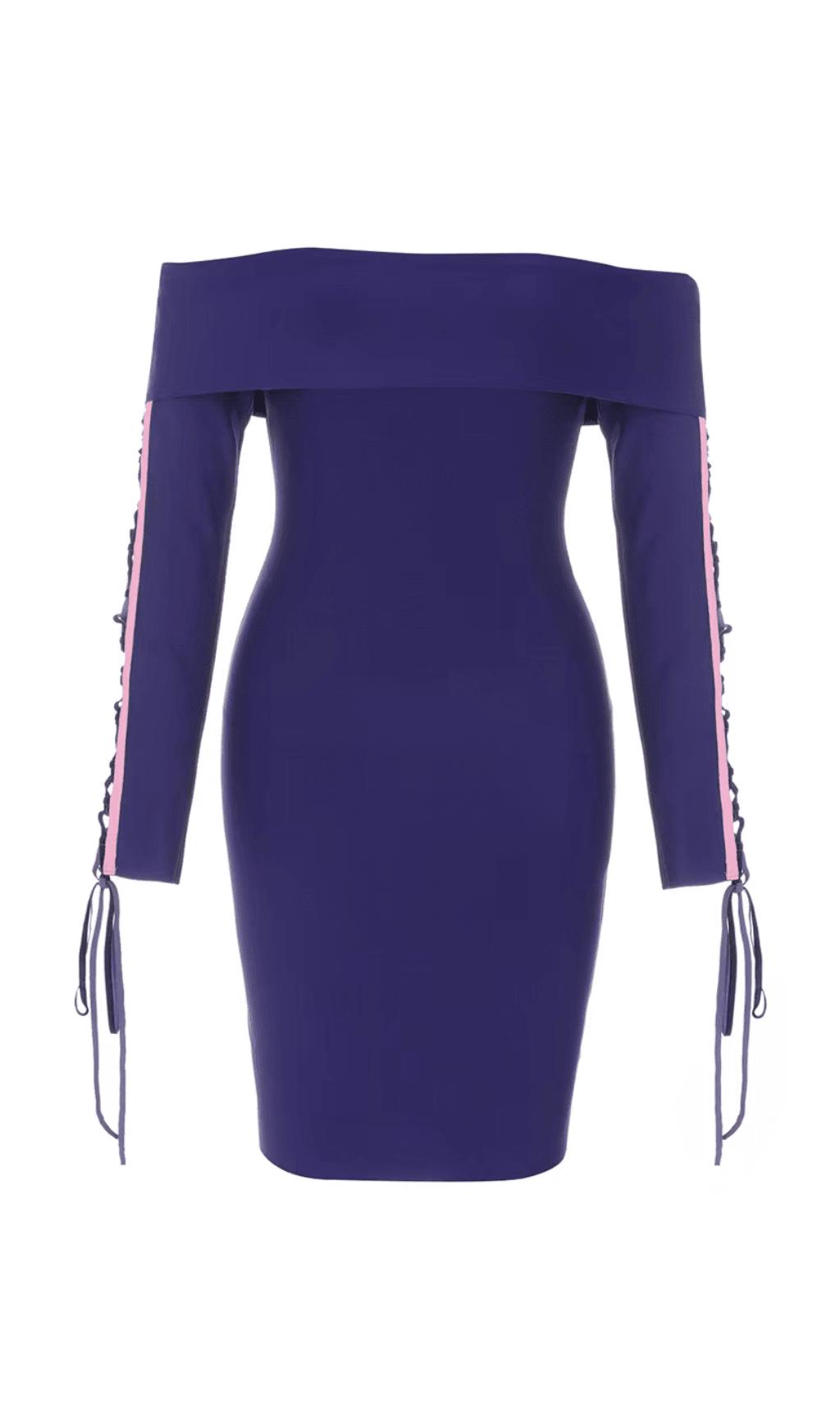 Bandage One Neck Tie Long Sleeve Mini Dress in Purple Blue