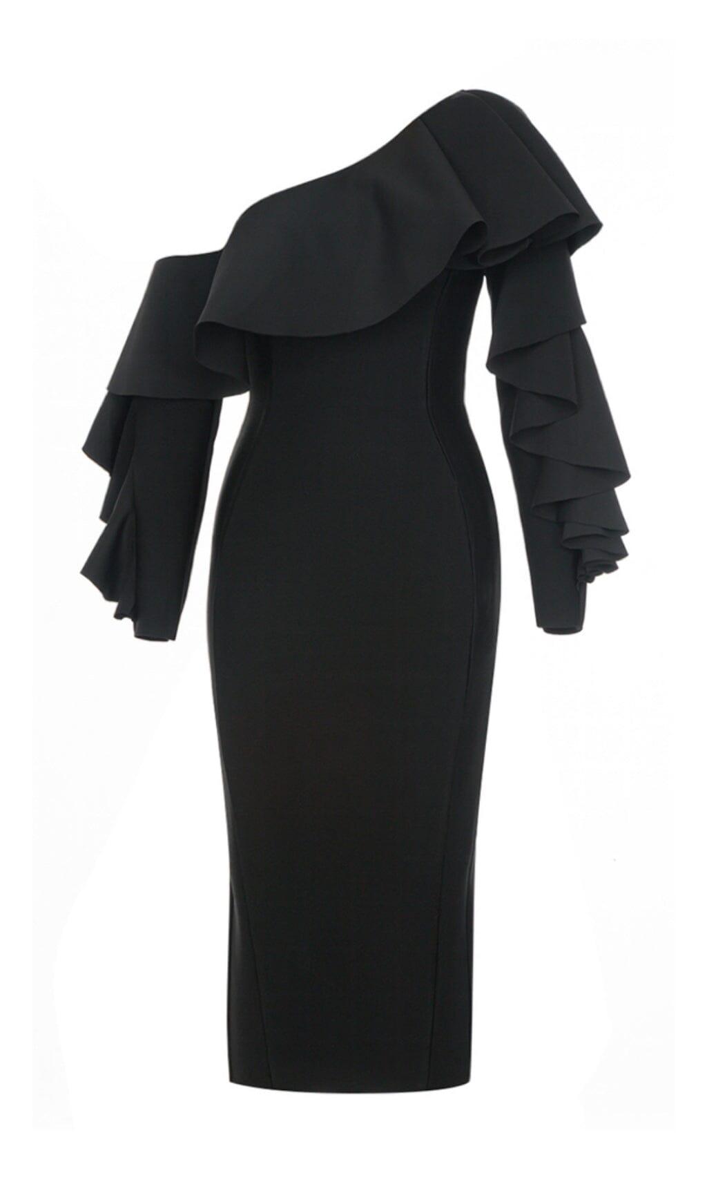 ABITO NERO CON SPALLE SCOPERTE, COLLO A VOLANT E SPACCO