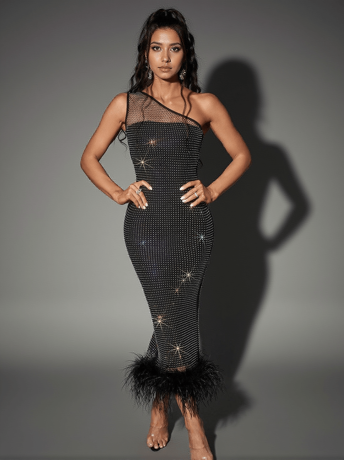 ABITO BENDAGGIO CON PIUME E DIAMANTI A RETE BOWIE