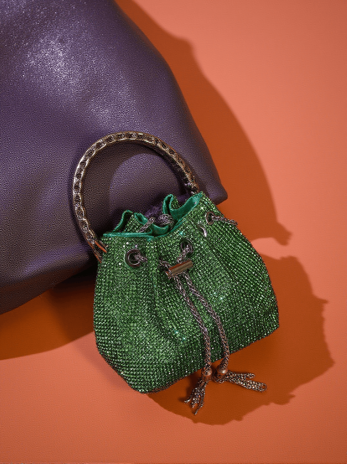 MATTEA CRYSTAL EMBELLISHED BUCKET BAG IN GREEN