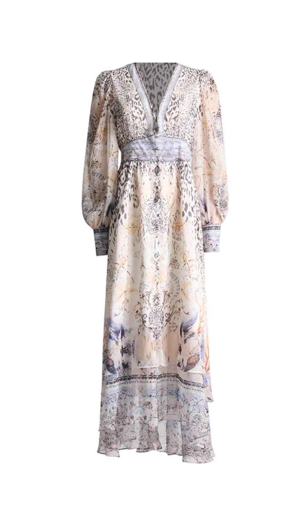 ABITO LUNGO CON SCOLLO A V PROFONDO, MOTIVO LEOPARDATO, VITA AVVOLTA, MANICHE LUNGHE