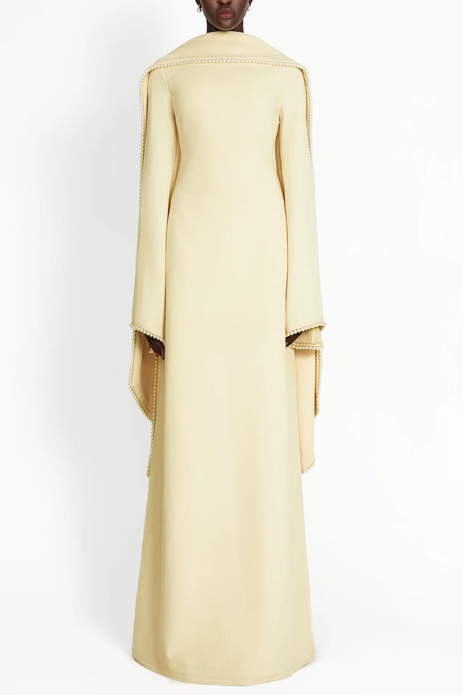 murray Yellow Pearl Trim Shawl Detail Maxi Dress