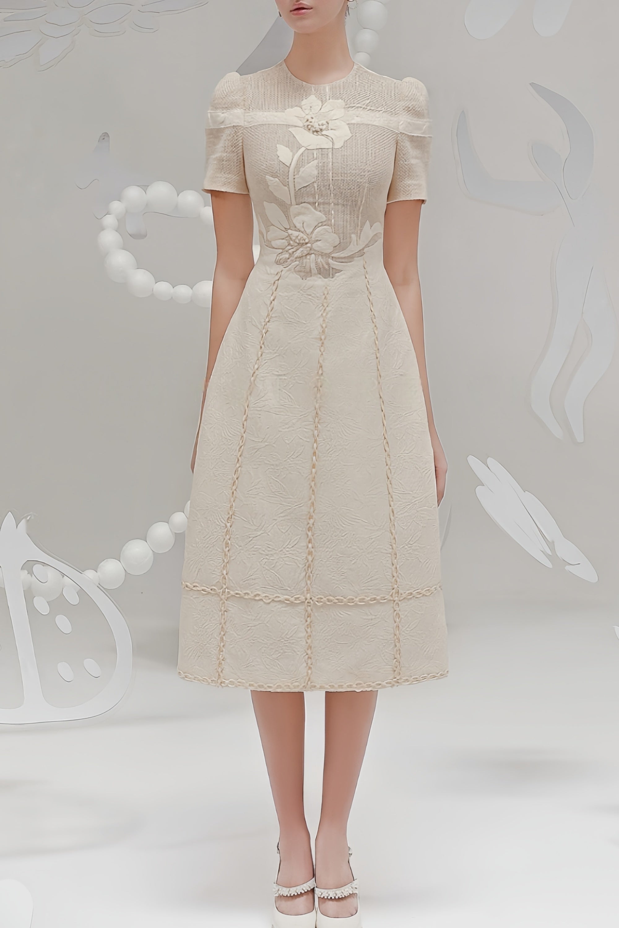 hermosa 3d floral embroidered hollow midi dress in apricot