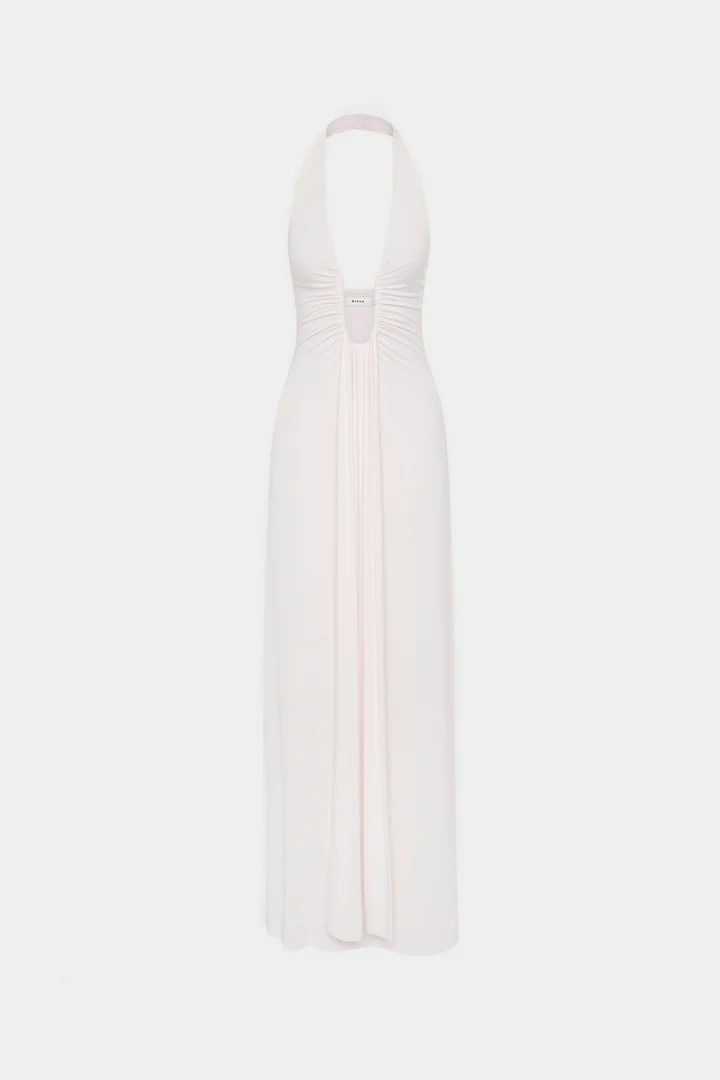 ISLA WHITE SATIN HALTER MAXI DRESS - ELEGANT EVENING & WEDDING GOWN