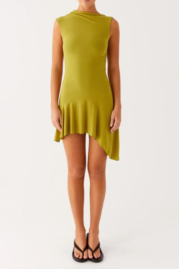 Plissiertes, figurbetontes Minikleid aus Netzstoff in Limette