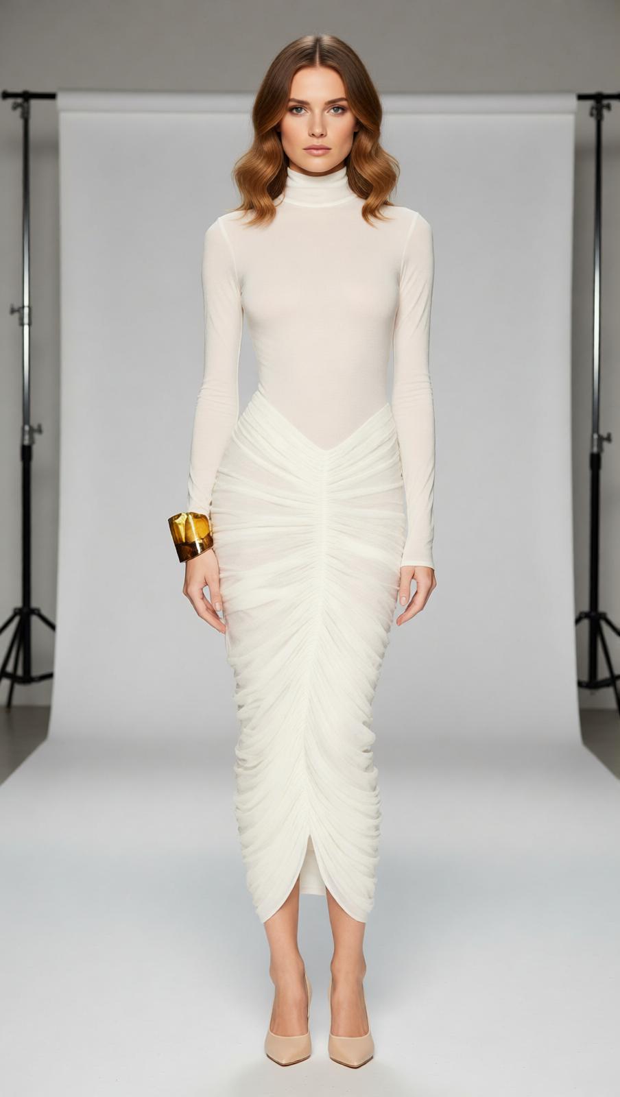 Jabbar Sculptural White Ruched Midi Dress | Elegant Long Sleeve Bodycon for Women