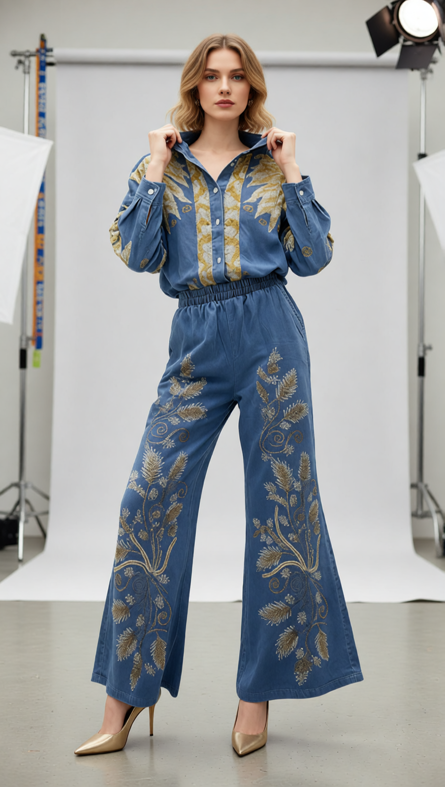 Jaclyn Embroidered Denim Two-Piece Set | Boho Wide-Leg Pants & Top