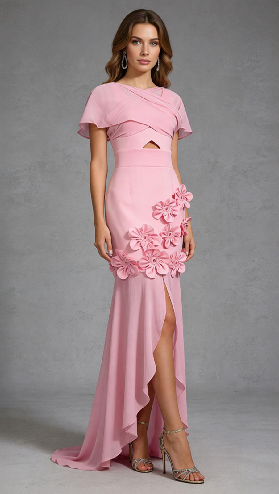 AIIZIE Elegant Jaelyn Pink Maxi Gown | 3D Floral Appliques & High Slit - product image