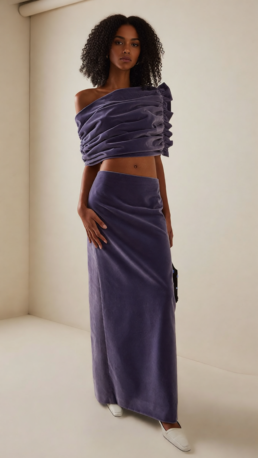 Amethyst Velvet Ruched One-Shoulder Crop Top & Maxi Skirt Set